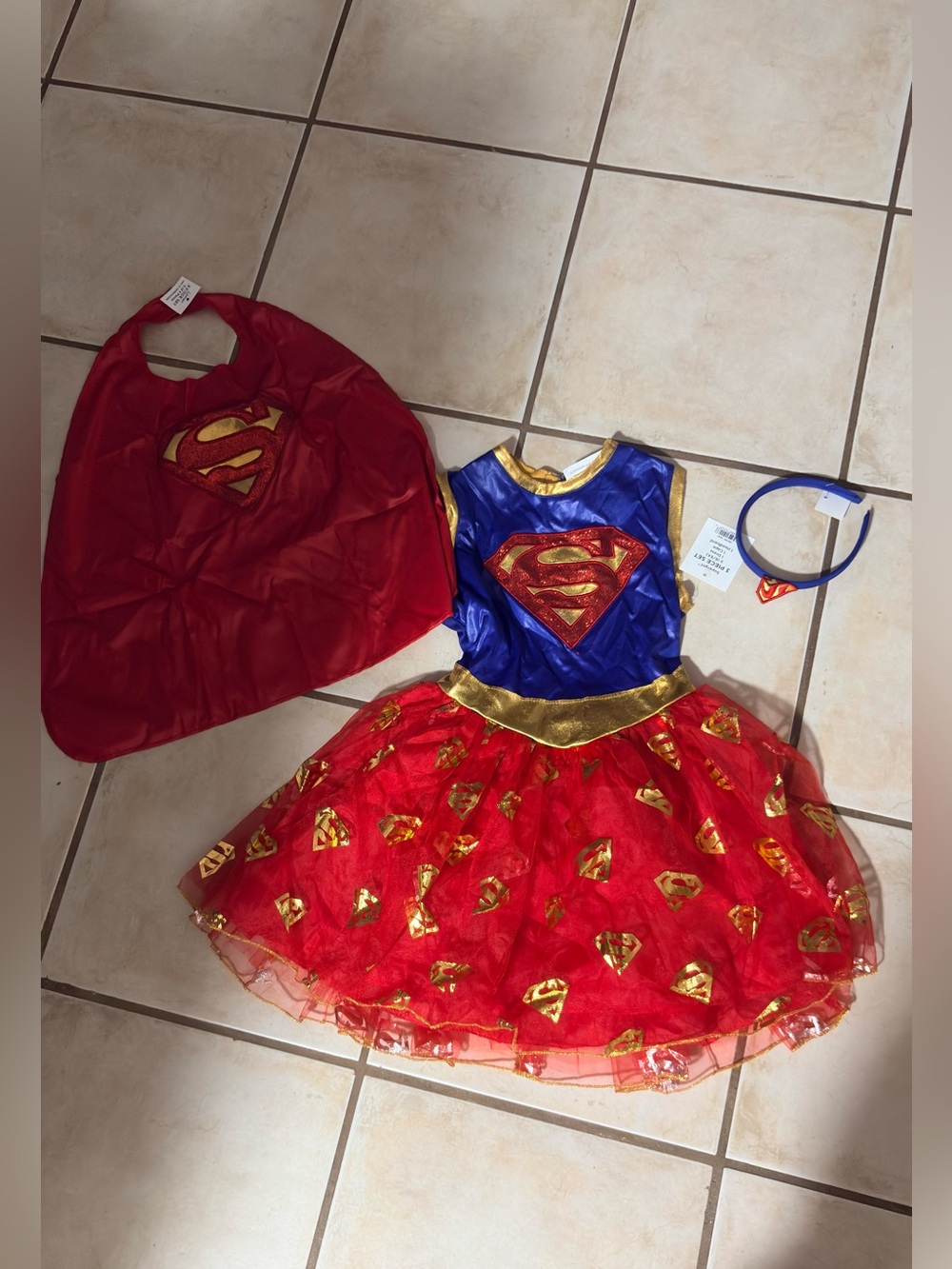 Girls' Red & Blue Superhero Costume Dress with Cape